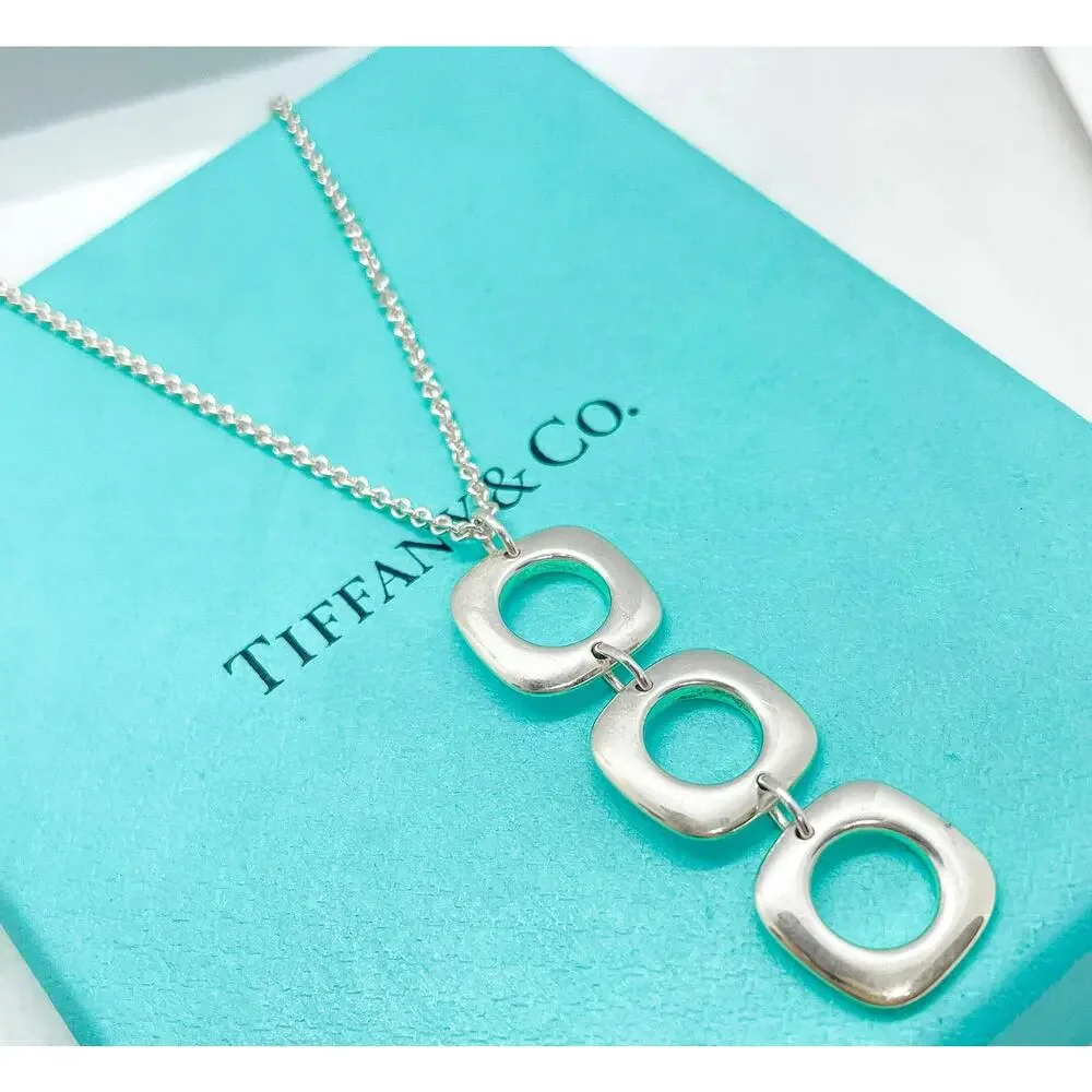 Tiffany & Co. Sterling Silver Triple Cushion Drop Pendant Necklace 16